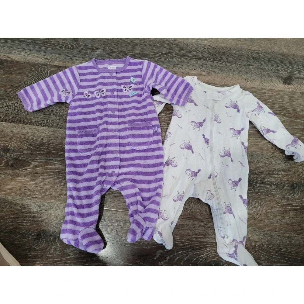 Carters Baby Girl 3M Footed Sleepers Set Purple Fleece Striped PJs Butterfly #7